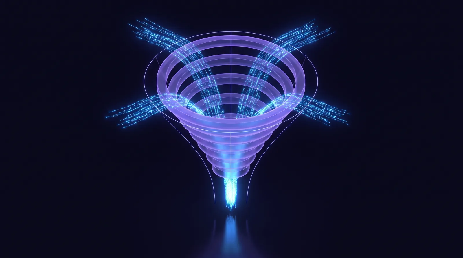 Abstrakte Illustration in blau-violetter Isometrie zum Thema Marketing Automation mit KI für KMU.
